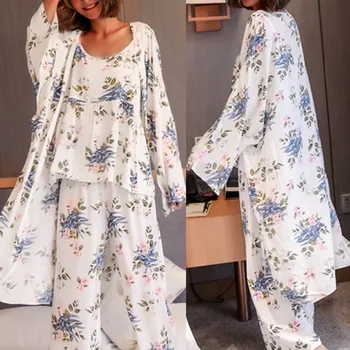 CALOFE Sieviešu Pidžamas 3 Gabalu Satin Sleepwear Pijama Zīda Mājas apstākļos, Mājas Apģērbu Izšūšana Miega Lounge Pyjama Pidžamas Komplekts