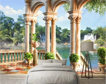 Custom tapetes, sienas Romiešu kolonna ezera ainavu 3d fona tapešu mājas dekorēšana dzīvojamā istaba guļamistaba foto 3d tapetes
