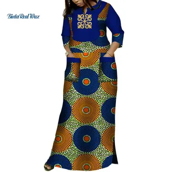 Dashiki Āfrikas Kleitas Sievietēm Bazin Riche Aplikācijas Drukāt Garas Kleitas ar 2 Kabatām Tradicionālo Āfrikas Apģērbu WY3620
