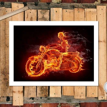 Dzīvojamās Istabas Sienas Mākslas Audekls Attēlu 1 Gab., Uguns Dūmi Biker Glezniecības Mājas Dekoru Izdrukas Skelets Motociklu Galvaskausa Plakātu Rāmis