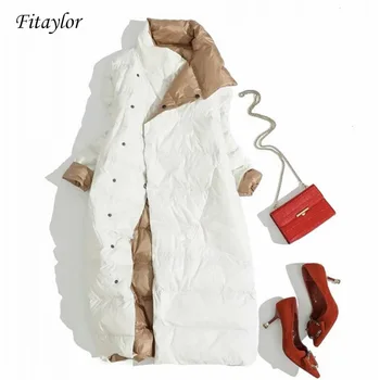 Fitaylor Plus Lieluma Sievietēm Double Sided Uz Leju Ilgi Jaka Baltā Pīle Uz Leju Mētelis Ziemas Dubultā Krūtīm Siltu Parkas Sniega Outwear