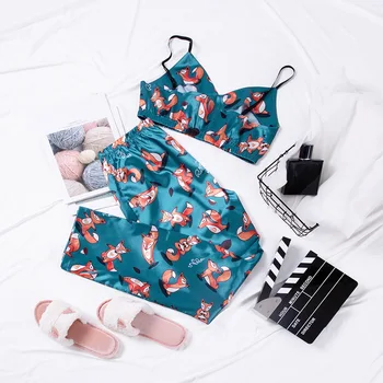 Fox Modelis Pidžamas Sieviešu V Kakla Spageti Siksnas Drukāt Bikses Satīna Sleepwear Uzstādīt Sexy Naktsveļu Rudens Sākuma Uzvalku Komplekti