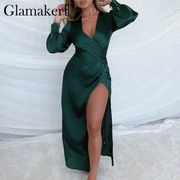 Glamaker Satīna v kakla sexy zaļās partijas kleitu Ziemassvētku vakariņas augstas split ziemas rudens kleita Sieviešu pārsējs eleganta kleita 2020