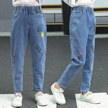 INS KARSTĀ Baby meiteņu džinsi 4-13 gadiem korejiešu stilā, kokvilnas karikatūra Drukāšanas marķēšanas zīmulis stretch bikses garās bikses gudrs