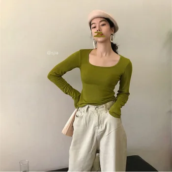 Ir 2021. Pavasara Gadījuma Garām Piedurknēm Adīts Cietā T-Krekls Topi, Sieviešu Džemperi Sieviešu Krekls Korejiešu Stilā, Elastīgs Slim Tee Dāmu Apģērbu