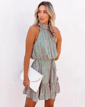 Ir 2021. Vasaras Vintage Slim Sieviešu Kleita Zaļā Ruffles Drukāt O-veida kakla Sievietēm Tvertne Kleitu Modes Gadījuma Kleita