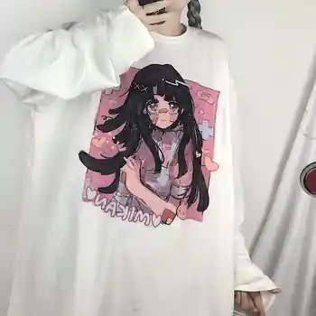 Japāna Sweet Tshirt Sieviešu T Krekls Ins Harajuku Bf Retro Topi Meitene Anime Drukāšanas Zaudēt garām piedurknēm T-krekls Studente Augšu
