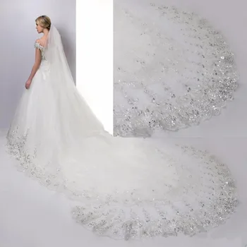 Jaunas Ielidošanas 2018 Kāzu accessoire 4 m, kāzu plīvuru garu, baltu kāzu mežģīnes vizuļi līgavas plīvuri plīvuri līgavas ar ķemmi