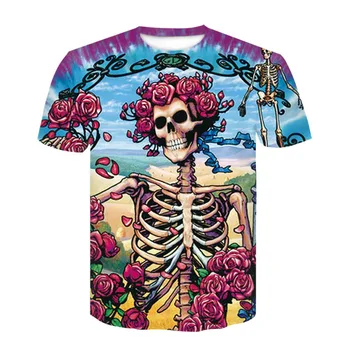 Jauns dizains, vīrieši un sievietes skeleta galvaskauss T-krekls vasaras modes personības street wear smieklīgi rožu galvaskausa T-krekls