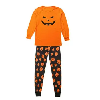 Jaunu Gadījuma Halloween Ģimenes Saskaņošanas Pidžamas Komplekti Pieaugušo Bērnu Bērnu Apkalpes Kaklu Garām Piedurknēm Ķirbju Drukāt Sleepwear Naktsveļu Komplekts