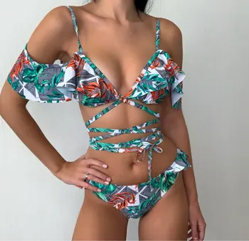 Karstā Pārdošanas Off Pleca Drukāt Mežģīņu Bikini Mujer 2018 Jaunu Seksīgi Peldkostīmi Sieviešu Peldkostīms Brazīlijas Bikini Komplekts Siksna Biquinis