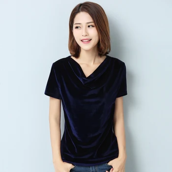 Korejas styel sieviešu Vasaras īsām piedurknēm velūra t-krekli lieliem izmērs M-8XL vintage elegants streetwear samta krekls topi melna zila