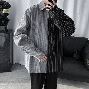 Korejas Svītrainām Krekls Vīriešu Modes Kontrasta Krāsu Gadījuma Kleita Krekls Vīriešiem Streetwear Savvaļas Zaudēt Ilgtermiņa Piedurkne Krekli, Vīriešu M-2XL