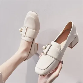 Kvadrātveida galvu mokasīni jaunās Britu stila mazās ādas kurpes biezs papēdis čības sieviešu kurpes zapatos mujer de sieviešu kurpes