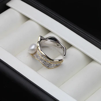 Modes Dabiskie Saldūdens black Pearl gredzens Sievietēm, Kāzu Lotus leaf formas 925 sterling silver Gredzeni, Dāvanu