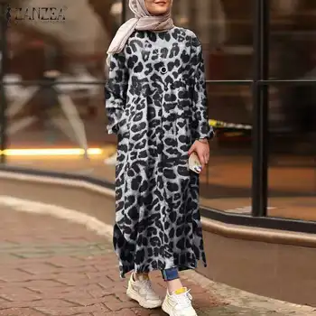 Modes Leopards Izdrukāt Kleita Sieviešu Rudens Sundress ZANZEA ir 2021. Gadījuma garām Piedurknēm Musulmaņu Vestidos Sieviešu Sadalīt Drēbes Plus Izmēra