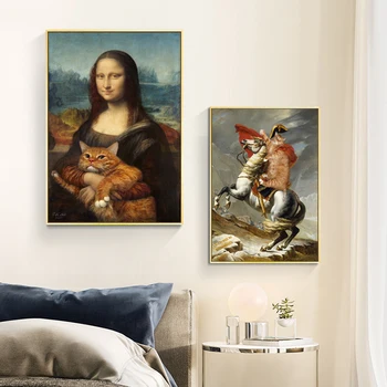 Mona Lisa Plakāti un Izdrukas Sienas Mākslas Kaķis Kanvas Glezna Smieklīgi Slavenā Glezna Dekoratīvās Bildes viesistaba, Mājas Dekoru