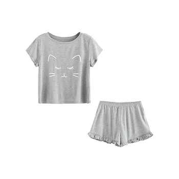 MUQGEW pidžamu sievietēm, mājas drēbes, Sieviešu Ikdienas Kaķis Bikses, Īsās Piedurknes Mežģīņu T-Krekls Sleepwear Naktsveļu Set#g2