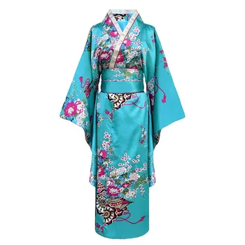Onesize Japāņu Sieviešu Peldmētelis Kimono Kleita ar V-veida kakla Satīna Vakara Puse Balles Kleita Vintage Cosplay Kostīmu Pilnu Piedurknēm Kleita