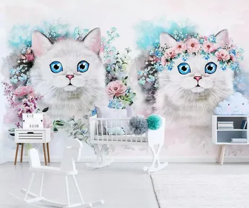 Pasūtījuma sienas tapetes 3D Ziemeļvalstu noslēgta ziedi kaķēns bērnu istabas apdare fona sienas