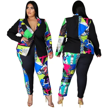 Plus Lieluma Apģērbu XL-5XL 2 Gabals, kas Sievietēm Fall Winter Drukāt Uzvalks Jaka un Strecth Apģērbs Biroja Dāmas Vairumtirdzniecības Dropshipping