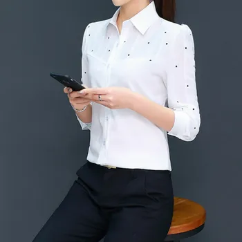 Polka Dot Print Šifona Balts Krekls Sievietēm Ar Garām Piedurknēm Pavasara Rudens Modes Topi Biroja Blūzes Slim Korejiešu Darbu Gadījuma Blusas