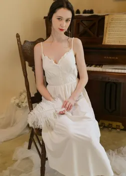 Princese kleita jaunu sexy v-neck linga nightdress sievietes baltā ilgi nightshirt ikdienas mājas apstākļos, nightgowns sieviešu kokvilnas sleepwear