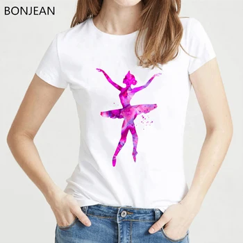 Rozā balerīna iespiests t sievietēm Baleta Deju mākslas tee kreklu femme vasaras harajuku kawaii drēbes balts t krekls piliens kuģniecība