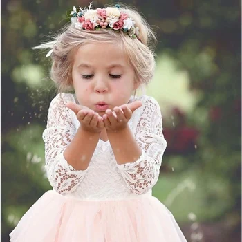 Rudens ar garām Piedurknēm Meitenei Kleita Mežģīņu Ziedu 2020. Gadam Backless Pludmales Kleitas Baltā Bērniem, Kāzu Princess Puse Grezna Meitene Drēbes, 8T