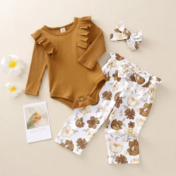 Rudens Baby Meiteņu Apģērbu Komplekti 3pcs Adīt Ruffles garām Piedurknēm Romper Topi Ziedu Bikses Galvas stīpa 0-24M