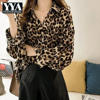 Rudens Sexy Leopards Drukāt Krekls Plus Lieluma Sieviešu Blūze Gadījuma Garām Piedurknēm Blūze Modes Klubs Valkāt Biroja Elegants Sieviešu Tops