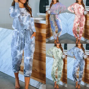 Rudenī 2020 Jaunu Dāmu Mājās Valkā garām piedurknēm Uzvalks kaklasaišu krāsošanas Iespiesti Pajama Komplekti Homewear Uzvalks Loungewear, kas Divas Gabals, kas Sievietēm
