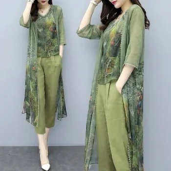 Sieviešu Tērps Ir 2021. Pavasara Vasaras Boho Iespiesti Elegants Vintage Pantsuit Trīs Gabals Bikses Komplekts Sievietēm Gadījuma Šiks Apģērbu Plus Lieluma