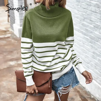 Simplee Svītrainām augsta apkakle sieviešu Džemperis Rudens ziemas gadījuma sieviešu džemperis ar Augstu ielu modes sieviešu adīšanas top 2020
