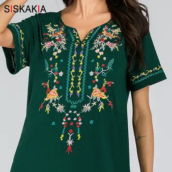 Siskakia Sievietes Gara Kleita Vasaras 2019 V Kakla Īsām Piedurknēm Maxi Kleitas Zaļā Elegants Etniskā Ziedu Izšuvumu Arābijas Drēbes