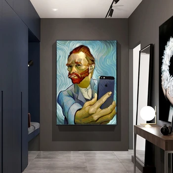 Smieklīgi Mākslas Van Goga Selfie Pa Tālruni Audekla, Gleznas pie Sienas, Mākslas Plakāti un Izdrukas Abstraktu Portretu Van Goga Bildes