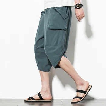 Streetwear Vīriešu Vasaras Plaša Kāju Bikses Man Gadījuma Teļš-garuma Bikses 2020. Gadam Kokvilnas vienkrāsainu Kabatas Vīriešu Baggy Harēma Bikses 5XL