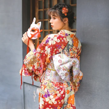 Tradicionālā Japāņu kimono, Tumši Sarkans Yukata Sajūta Drēbes Ar Obi Halloween Cosplay Meitenes Kleita