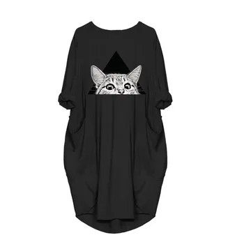 Vai jūs esat pārliecināts, ka ne, lai noklikšķiniet un redzēt? Sieviešu Dāma Modes Plus Lieluma Kaķis Karikatūra Izdrukāt garām Piedurknēm O-veida Kakla Kabatas Kleita karstā pārdošanas