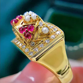 Vintage Luksusa Kārtojumu Pērle Sarkanā Kristāla Zircon Dimantiem un Dārgakmeņiem, Gredzeni Sievietēm, Zelta Krāsas Rotaslietām Puses Piederumiem Bijoux