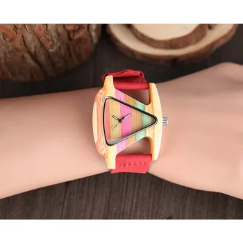 YISUYA Unikālo Trīsstūris Dobu Koka Skatīties Radošo Krāsains Svītru Bambusa Pulkstenis Sieviešu Stundu Modes Ādas Dāma rokas Pulkstenis 2020