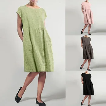ZANZEA 2021. gada Vasaras Sundress Sieviešu Veļa Kleitu Modes Īsām Piedurknēm Gadījuma Vestidos Sieviešu Kroku Drēbes Sievietei O Kakla Kleita 5XL