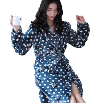 Ziemas Sieviešu Drēbes Sleepwear Biezs Silts Flaneļa Kimono Peldmētelis Sievietēm Ziedu garām Piedurknēm Koraļļu Samta Naktsveļu Homewear