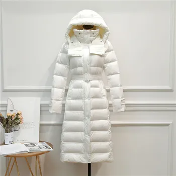 Ziemas Sieviešu Vidēja Gara Dūnu Jaka Vērtnes Slim Korejas Modes Kapuci Mētelis Preppy Stils Silts Lady White Duck Down Coat