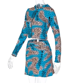 Zila Leopards Drukāt Matching Svārki Uzstādīt Vintage Zipped Jaciņa Apgriezta, Topi un Mini Svārki Rudens Gadījuma Streetwear 2 Gabals, kas