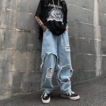 #1523 Melna Zila Nepatiesu Divas Gabals Unisex Džinsi Streetwear Hip Hop Džinsi Iznīcināta Korejas Modes Augsts Viduklis Plats Kāju Džinsi Caurumi