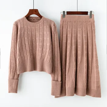 2 gabals, kas sieviešu modes garām piedurknēm brīvs džemperis un puse garuma svārki uzstādīt rudenī jaunu džemperi, džemperis sieviešu elegants uzvalks