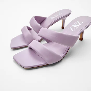 2020. gada Vasarā Jaunu Sieviešu kurpes Purpura Kvadrātveida Kājām Stepēts Mežģīnes Sieviešu Slaidu Snadals Augsta papēža Aitādas Sexy Lady Sandales