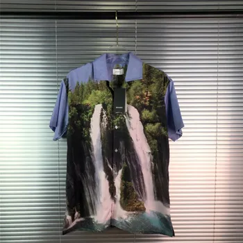 20SS RHUDE Kreklu Vīrieši Sievietes 1:1 Augstas Kvalitātes StreetwearLandscape meža ūdenskritums, eļļas glezna Tees RHUDE Krekli