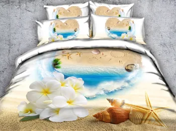 4/6pcs JF390 skaistas okeāna pludmales ar čaumalu un svaigu plumeria ziedu iespiesti sega sedz, komplekts 4gab gultas komplekti 3d gultas veļa